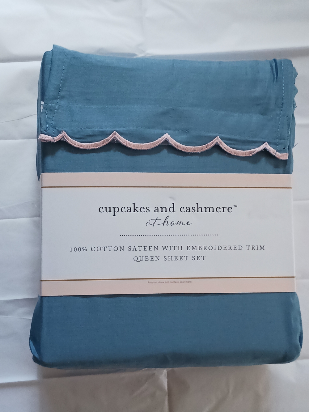 cupcakes and cashmere Queen Cotton Sateen Sheet Set in Dusty Blue with Pink Trim